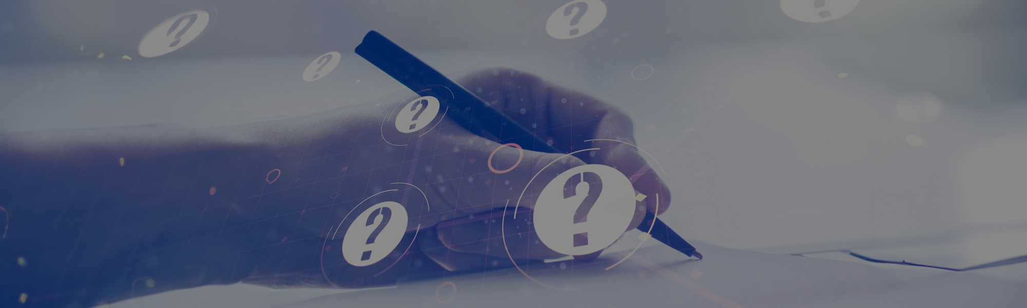 Double exposure of question mark hologram and man hand writing in notebook on background